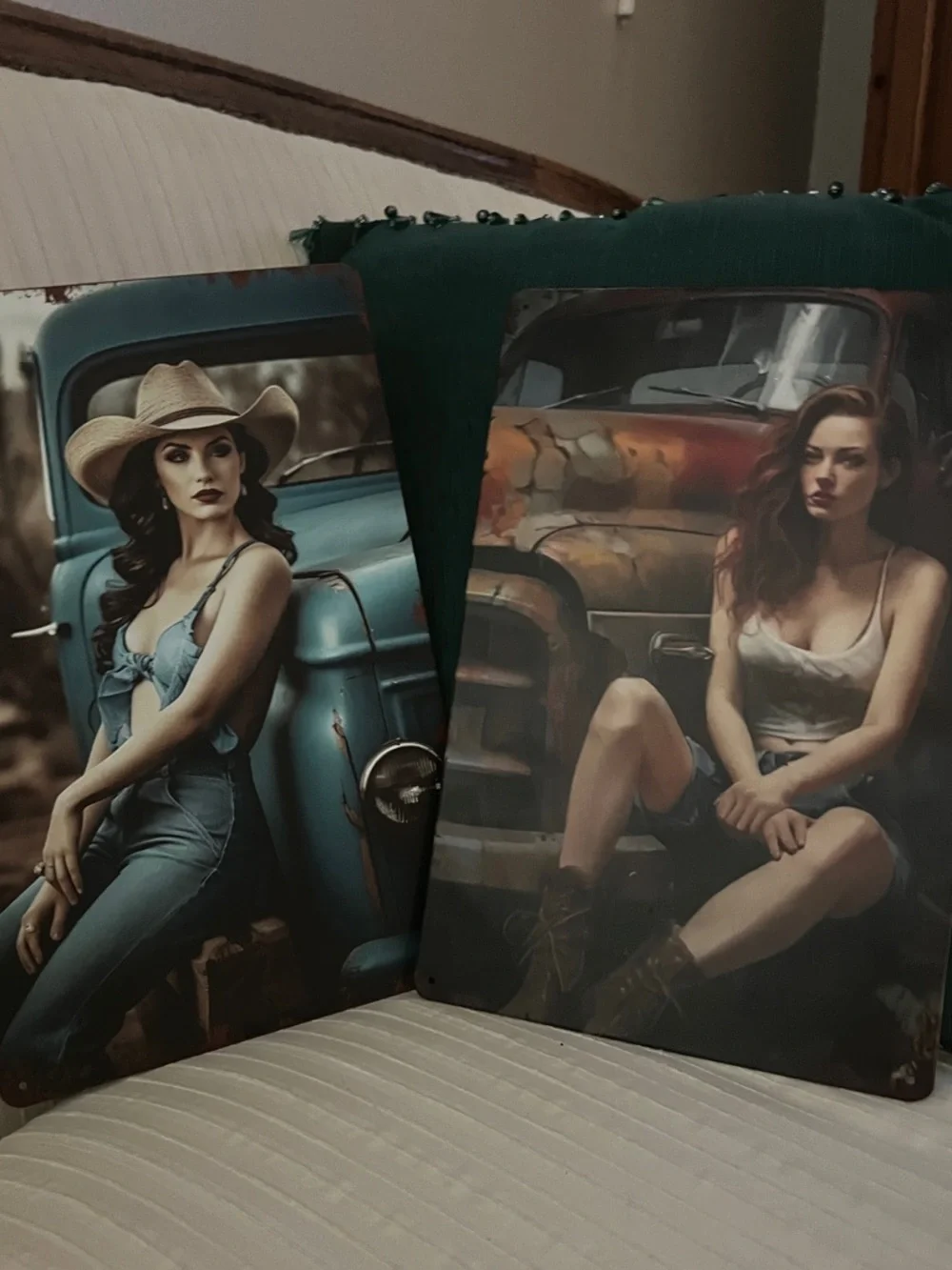 Beautiful Vintage Pin-Up Country Girl Metal Wall Art - Teal & Rust